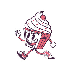 Cupcake's Lively Dash: An animated cupcake with a beaming smile is captured in a dynamic run, radiating energy, enthusiasm, and sheer delight.