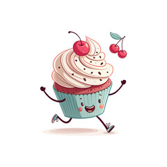 Happy Running Cupcake: A cheerful cupcake with vanilla frosting and cherries runs happily, embodying joy and sweetness.