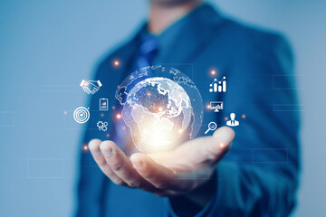 Hands showing the world of digital marketing, business concept, technology, international market,...