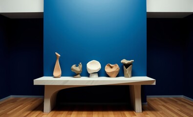 A minimalist haven where a deep blue wall served as a grounding backdrop was punctuated by a sculptural console table that held aloft abstract sculptures adding a touch of whimsy to the space