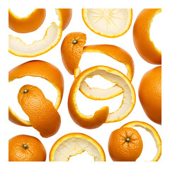 Isolated orange peels and spirals arranged artistically on white background showing texture and citrus freshness