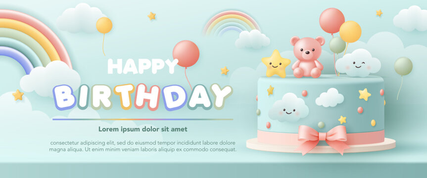 3D Happy birthday cake for baby and kids party. Birthday greeting card banner template with cute cake and rainbow on pastel background for birthday anniversary, invitation card.