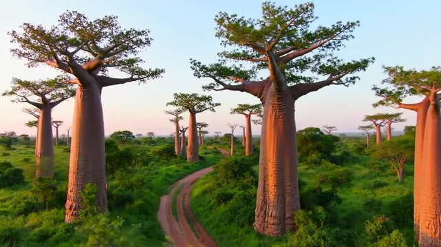 Exotic african baobab plant field  in  blue sky background	