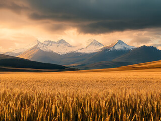 Obraz premium Wheat Field with Snowy Mountains in the Background