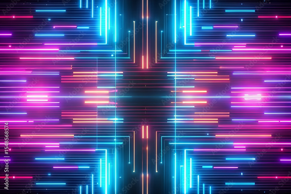 Wall mural abstract glowing neon lines forming symmetrical pattern in futuristic visual style