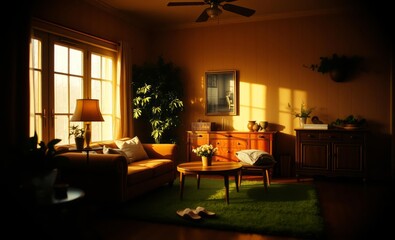 Fototapeta premium A warm and inviting living room bathed in soft amber light features a cozy composition of vintage elements: a mock-up poster frame a plush brown sofa a wooden sideboard a coffee table slippers lush gr