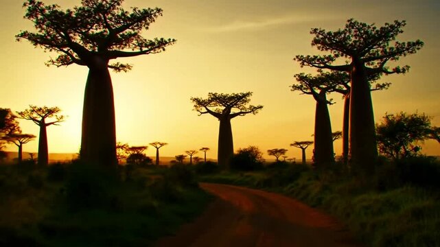 Exotic african baobab plant in  sunset sky background	