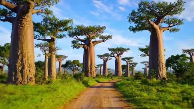 Exotic african baobab plant field  in  blue sky background	