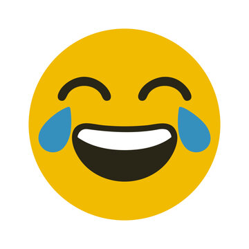 Funny yellow emoji face laughing with tears, expressing joy and humor, in a clean and simple vector style on white.

