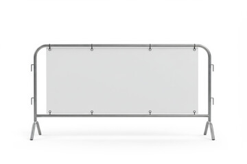 a metal crowd control barrier with a blank white vinyl banner attached to it, 3D Illustration