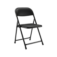 A black, foldable chair with a simple design, suitable for various indoor or outdoor settings.  It features a curved backrest and a flat seat