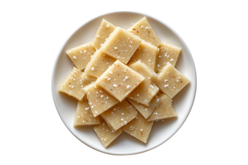 Kaju katli top view on a white plate isolated on a transparent background