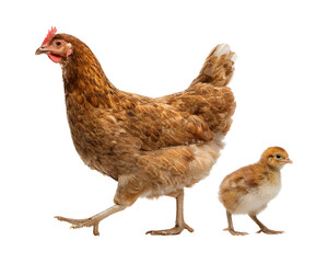 Fototapeta premium Brown hen walking with fluffy chick isolated on transparent background