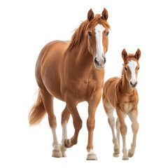 Obraz premium Brown horse and foal walking side by side isolated on transparent background