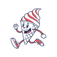 Energetic Ice Cream Mascot: A cheerful ice cream cone mascot, exuding playful energy and animated fun, dashes forward with joyful enthusiasm.