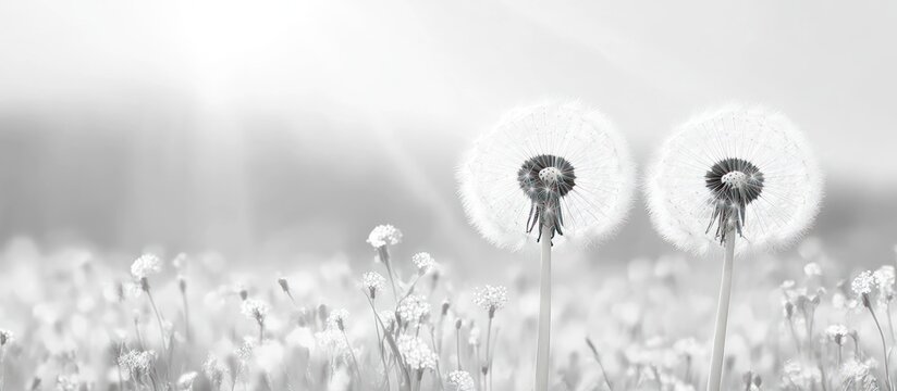 Two dandelion seed heads in a field of wildflowers, monochrome.