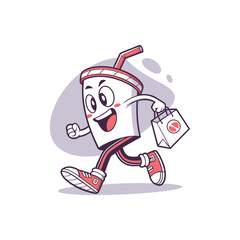 Beverage Delight: Playful cartoon beverage cheerfully sprinting, carrying food bag, inviting instant gratification and enjoyment, representing the lively spirit of refreshment and a taste of bliss.