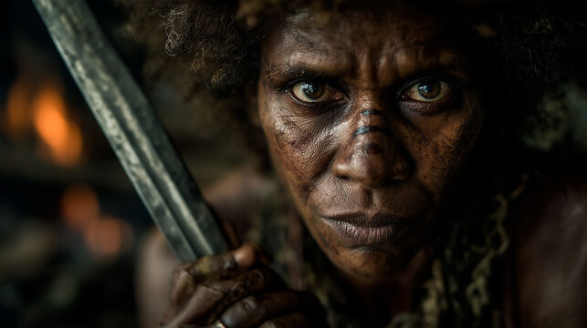 Portrait of a determined indigenous warrior woman holding a weapon.