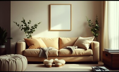 Fototapeta premium A cozy living room unfolds its walls adorned with a minimalist poster frame its beige sofa draped with plush cushions A pair of vases each brimming with verdant leaves adds a touch of nature's tranqui