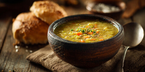 Split pea soup in dish on the table