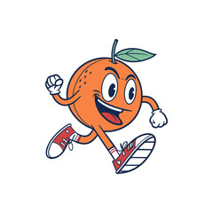 Running Orange Cartoon: A cheerful cartoon orange with sneakers and socks runs excitedly.