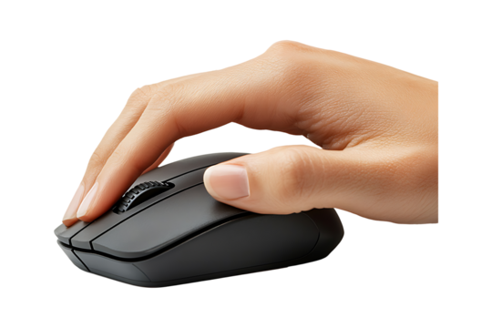 Hand clicking on computer mouse isolated on a transparent background