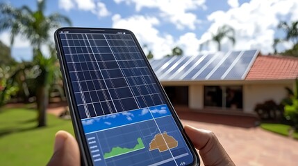 Person holding a smart phone near a solar panel installation