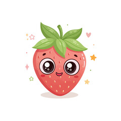 Cute Strawberry Character: A cheerful, animated strawberry with big, expressive eyes and a friendly smile, surrounded by playful stars and hearts, embodying the simple joy and sweetness of nature.