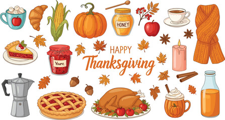 Autumn hand drawn sticker set. Cozy hygge fall icons. Scarf, candle, hot chocolate, socks, pie, pumpkin spice latte, mug, jam, leaves, mushroom.