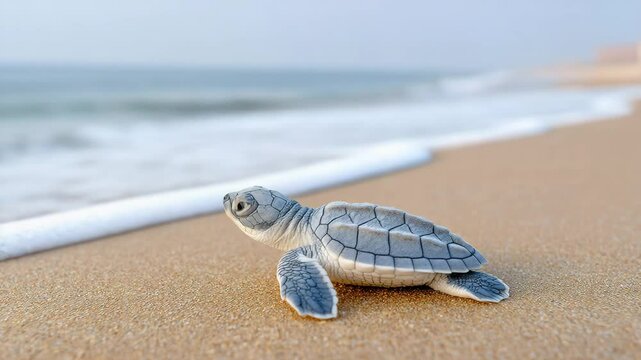 Newborn Turtle's Journey: A tiny sea turtle embarks on its life's voyage, crawling across a sandy beach with the endless ocean beckoning in the distance. capturing its journey into the world.