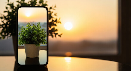 Capturing the essence of tranquility through a smartphone screen at sunset