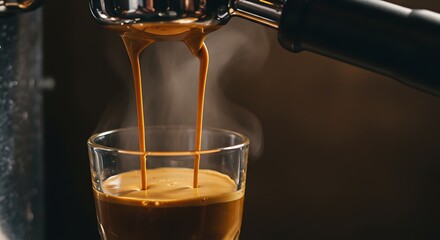 An extreme close-up, photorealistic shot of rich, creamy espresso pouring from a portafilter into a small glass cup. A dark, moody café background with rising steam.