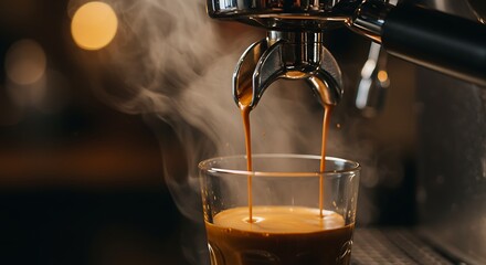 An extreme close-up, photorealistic shot of rich, creamy espresso pouring from a portafilter into a small glass cup. A dark, moody café background with rising steam.