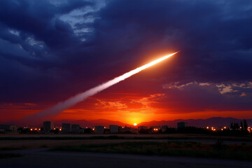 Dramatic Rocket Launch Against Fiery Sunset Sky Over Cityscape With Dark Clouds And Bright Light Trail