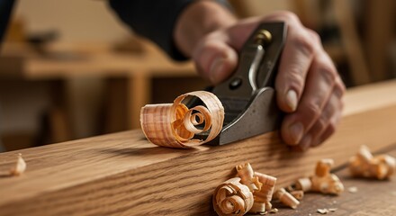  A detailed macro shot of a woodworker's hand using a hand plane, creating a perfect, delicate wood shaving curl. Warm light on a rich oak plank in a workshop.
