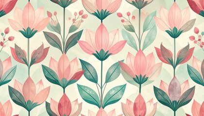 Pastel Pink and Teal Watercolor Floral Seamless Pattern