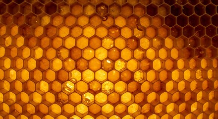 A detailed macro photograph of a natural honeycomb, filled with glistening golden honey. The hexagonal cells create a perfect, organic geometric pattern. Warm, natural lighting.