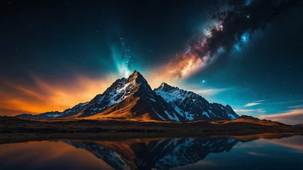 Printed kitchen splashbacks A serene landscape showcases snow-capped mountains reflected in a tranquil lake under a celestial night sky with a vibrant Milky Way