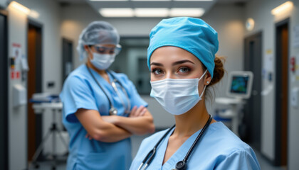 Focused healthcare professional wearing surgical mask and cap stands hospital setting, conveying sense of dedication and care. background features another medical staff member, emphasizing