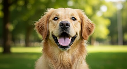 A beautiful, ultra-realistic portrait of a happy Golden Retriever dog, head tilted, with a soft-focus green park background during a sunny day. Joyful, friendly expression.