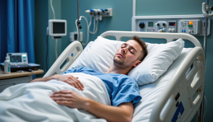 Obraz premium Young man is resting peacefully in hospital bed, wearing blue hospital gown. room is equipped with medical devices and monitors, creating clinical atmosphere