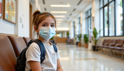 Young girl wearing face mask sits in waiting area, looking thoughtful. She has backpack and is surrounded by bright, modern environment with large windows and comfortable seating