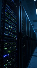 A low-angle view down a long aisle of server racks in a modern data center. The focus is on the blinking blue and green LED lights of a single server. Cool, dark, tech vibe.