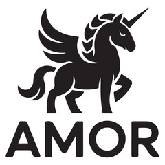 Winged unicorn silhouette with amor text