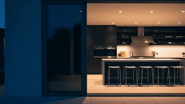 Modern kitchen interior at dusk with island and bar stools.