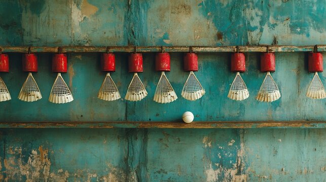 Vivid scene of Shuttlecock and Badminton rackets on a court divider no human no labelling and no logo
