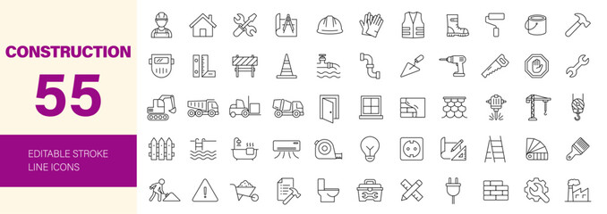 Construction icon set. Containing labor, crane, engineering, equipment, helmet, tool, builder, labour day, renovation architecture, plumbing and more. Editable line icons. Vector illustration.
