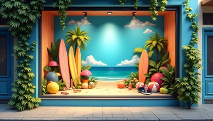 A colorful beach scene with tropical elements in a shop window display