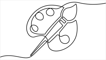 Palette and paint brush continuous one line drawing illustration. one line art palette and brush vector icon. single line, one continuous line, simple, hand drawn and sketch style. 
