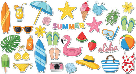Set of summer stickers. Icons for tropical vacation. Seasonal elements collection. Flamingos, ice cream, pineapple, tropic leaves, cocktails, plumeria, watermelon, beach accessories